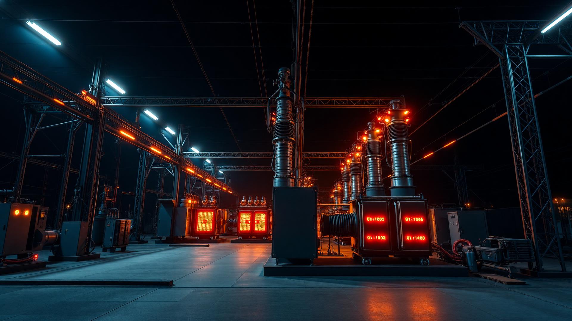 High voltage substation infrastructure at night